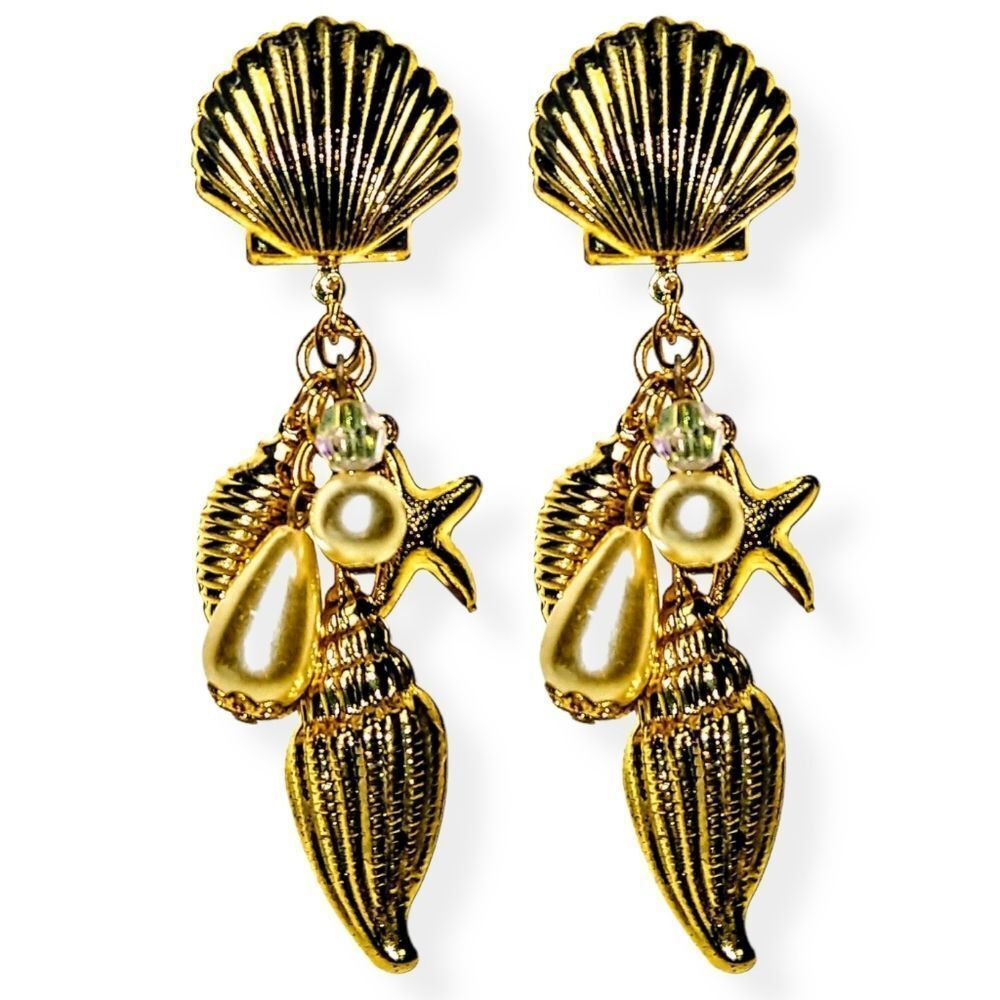Gold Vintage Nautical Shell Beachy Dangle Earrings with Starfish